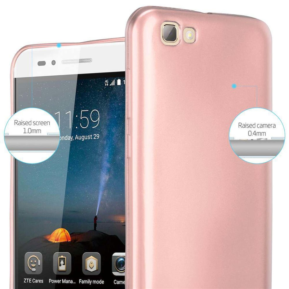 Telefono rosa con custodia rosa. La custodia ha una protezione per schermo e fotocamera rialzata.