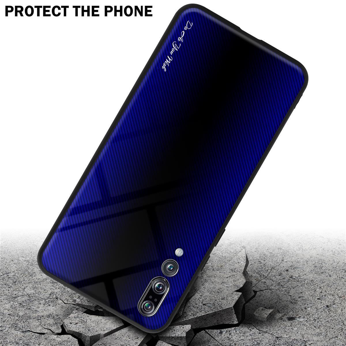 Una custodia per telefono con un design sfumato blu su una superficie incrinata con il testo "PROTECT THE PHONE".