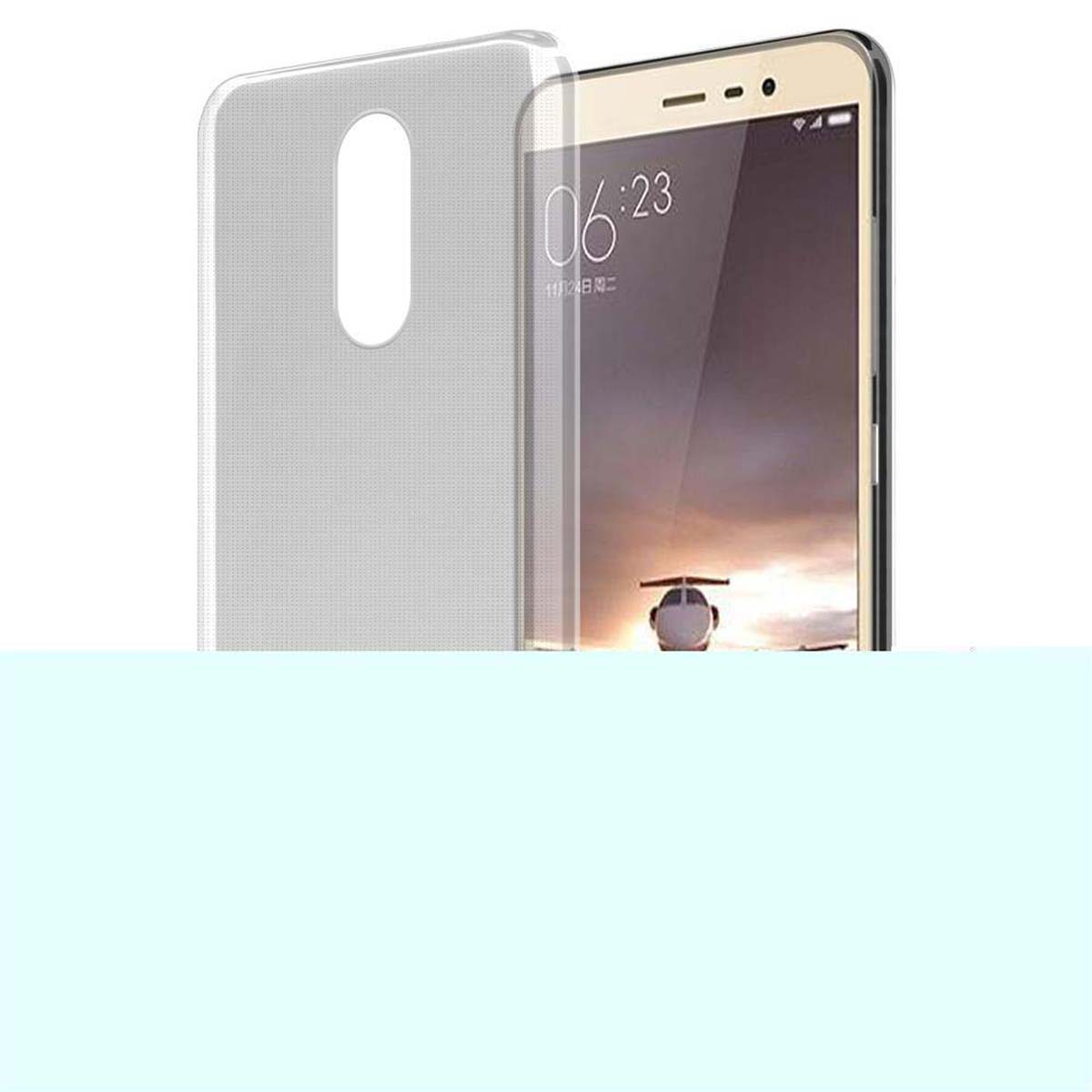 Telefono e una custodia trasparente con l'ora visualizzata.