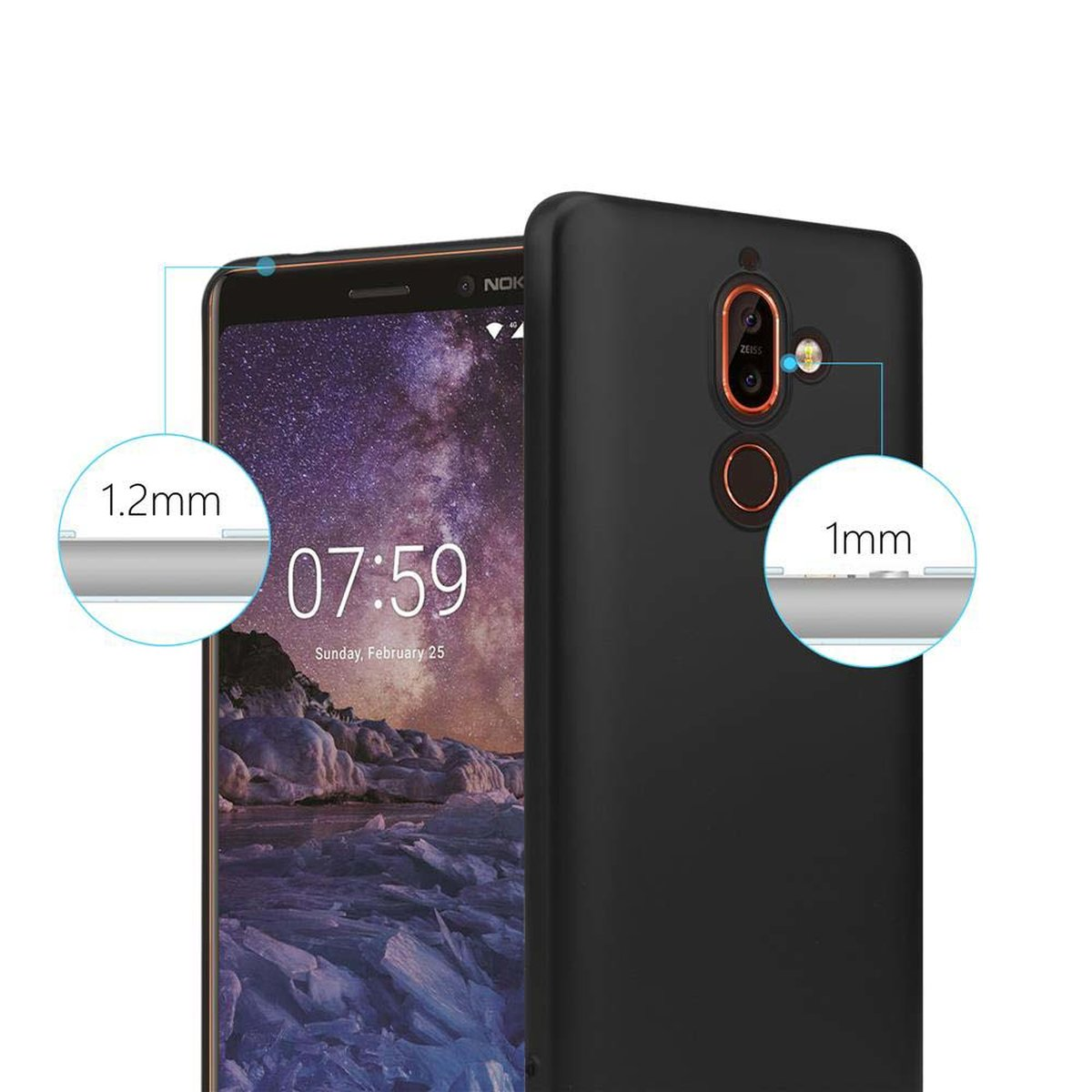 Telefon mit Hülle und Abmessungen. Größen von 1,2 mm und 1 mm werden gezeigt. Das Telefon ist schwarz.