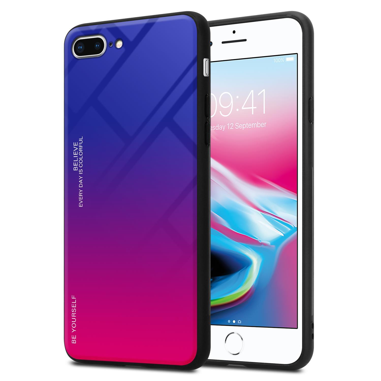Un telefono con una custodia sfumata viola e rosa è accanto a un telefono con schermo bianco.
