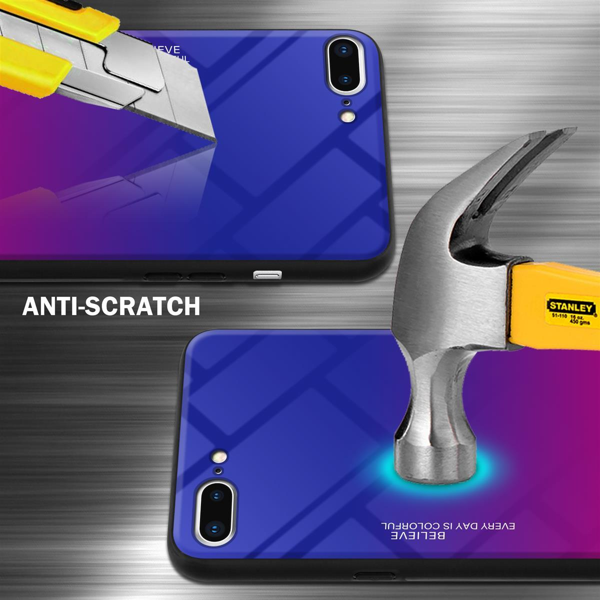L'immagine mostra una custodia per telefono sottoposta a test per i graffi con un coltello e un martello. Testo: Antigraffio.