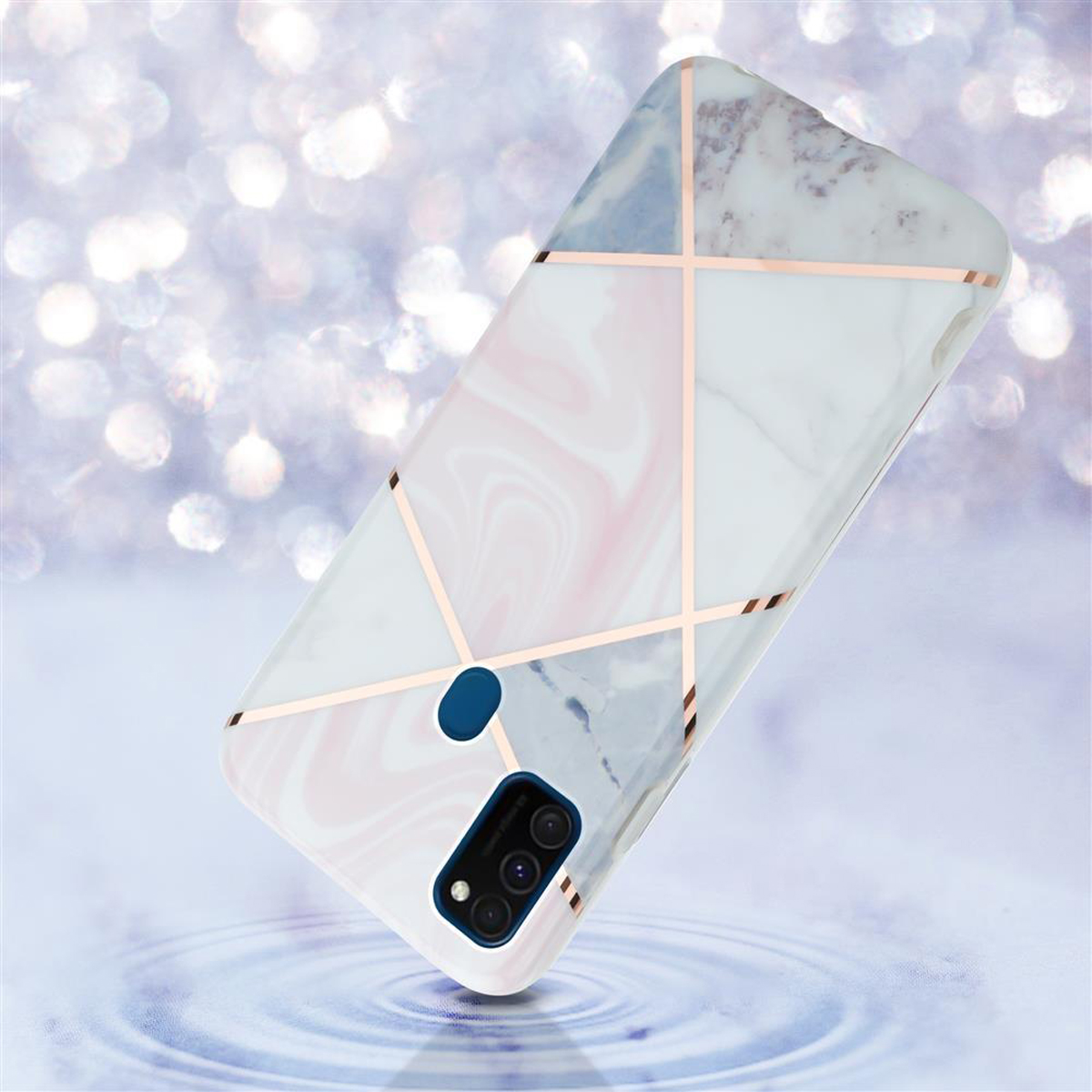 Custodia per telefono con un design marmoreo. Colori bianco, blu, rosa e oro. Sfondo simile all'acqua.
