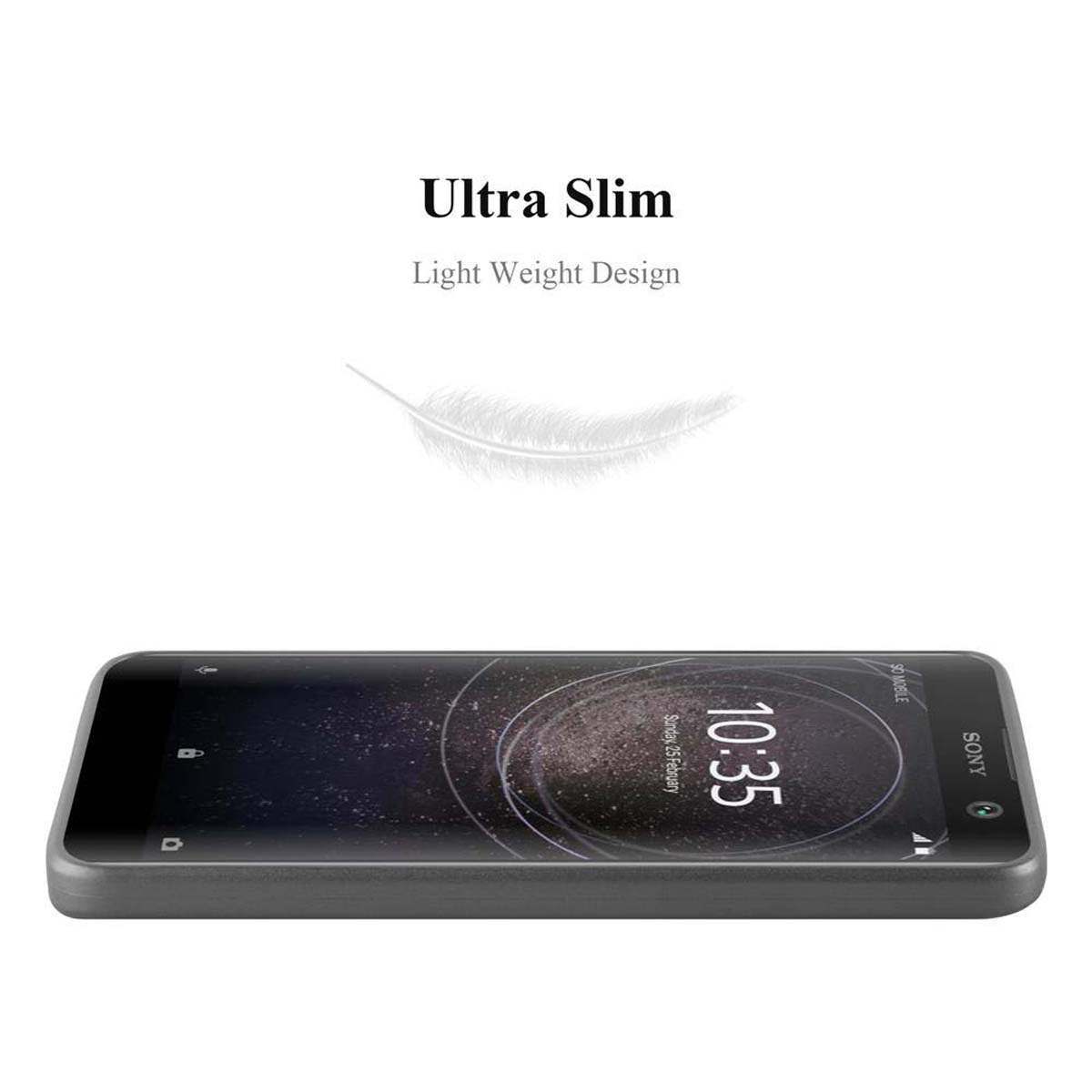 Telefono nero su sfondo bianco. Lo schermo mostra l'ora. Grafica a piuma. Testo: 'Ultra Slim, Light Weight Design'.