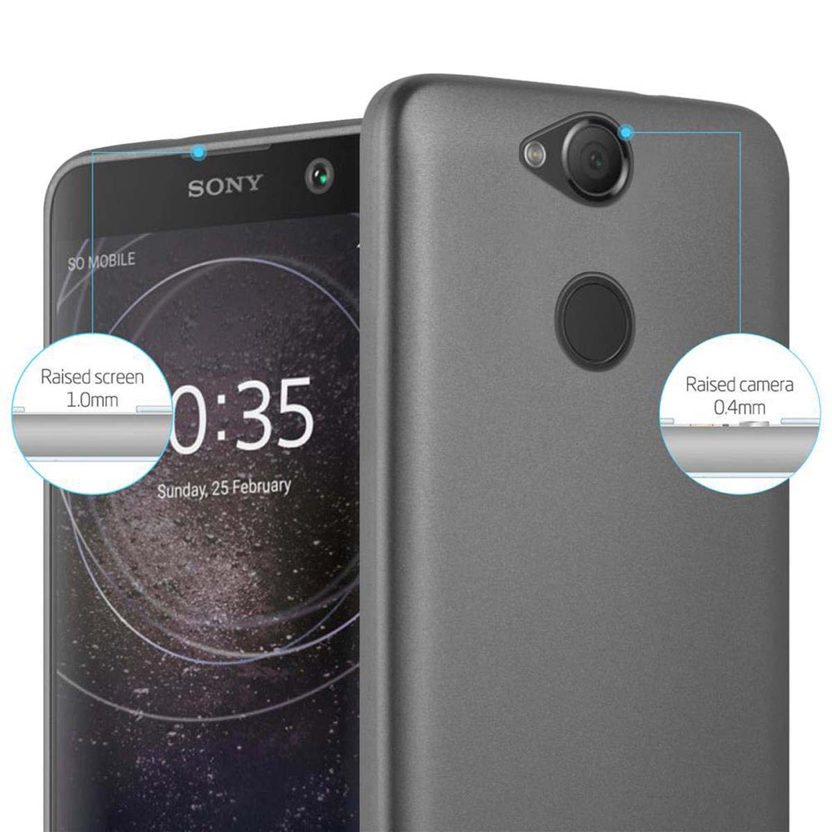 Custodia grigia per telefono con telefono Sony, che mostra schermo e fotocamera rialzati.