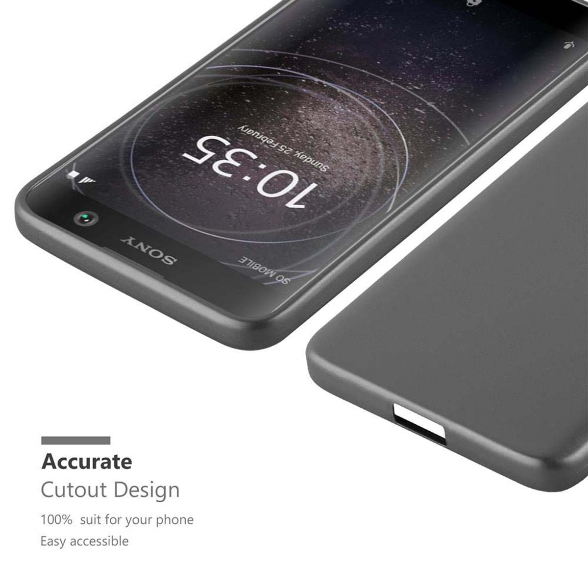 Primo piano di un telefono Sony nero con l'ora 10:35 sullo schermo e una custodia nera.