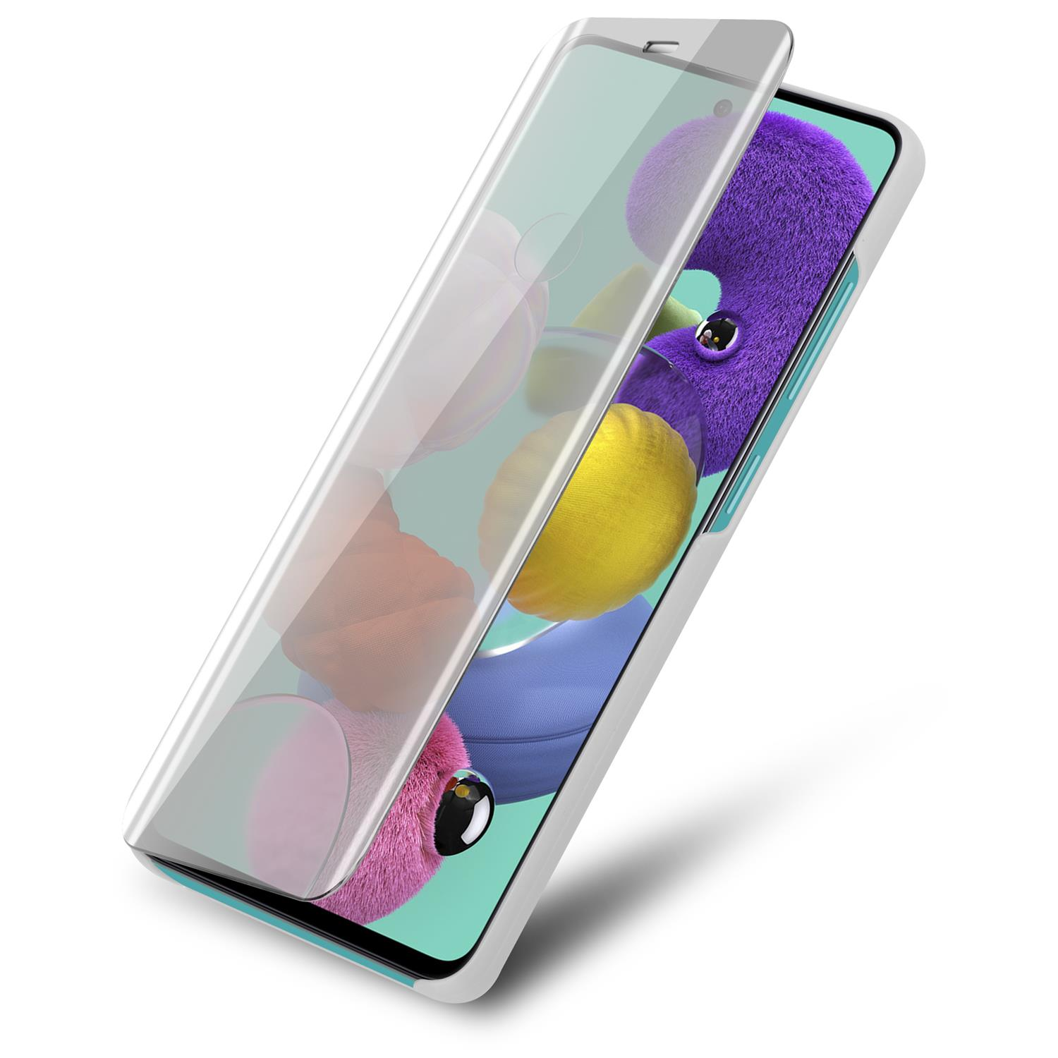 Telefono bianco con protezione schermo. Sferre colorate sullo sfondo.