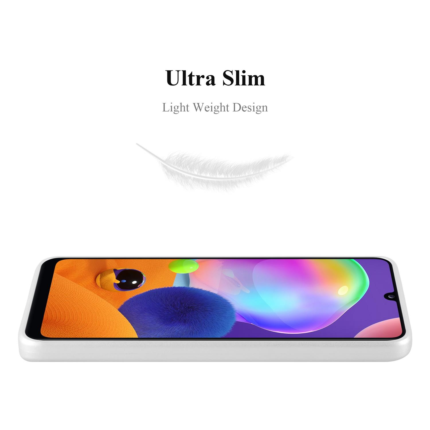 Una custodia per telefono su uno sfondo bianco. La custodia è bianca. Il testo Ultra Slim è in alto.