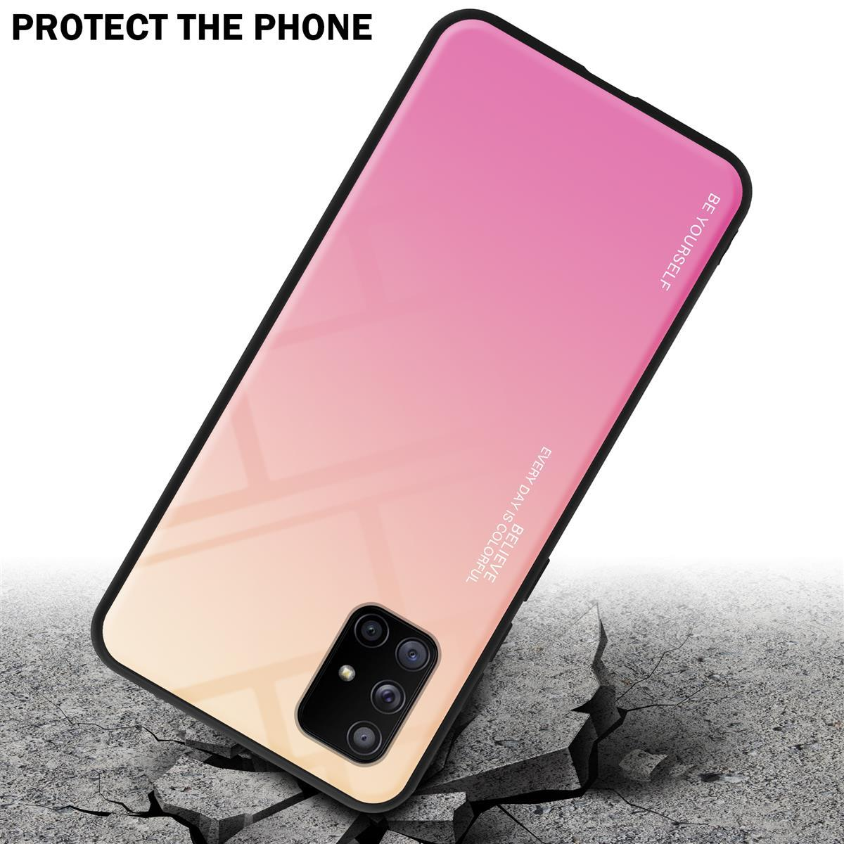 Custodia per telefono rosa e gialla su una superficie incrinata. Il telefono è angolato.