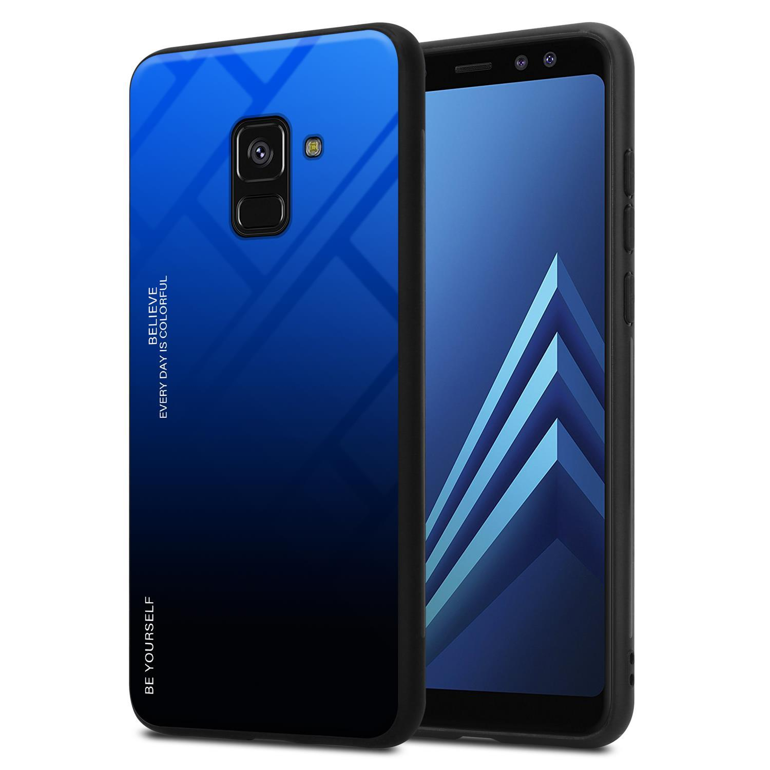 Samsung, Backcover, Farben CADORABO A8 BLAU 2018, - Glas, TPU 2 Hülle Silikon aus Galaxy SCHWARZ