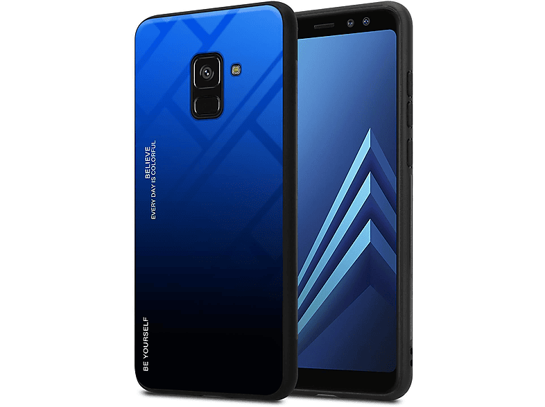 Glas, Silikon SCHWARZ 2018, Backcover, 2 BLAU Hülle Farben Samsung, TPU CADORABO aus - Galaxy A8