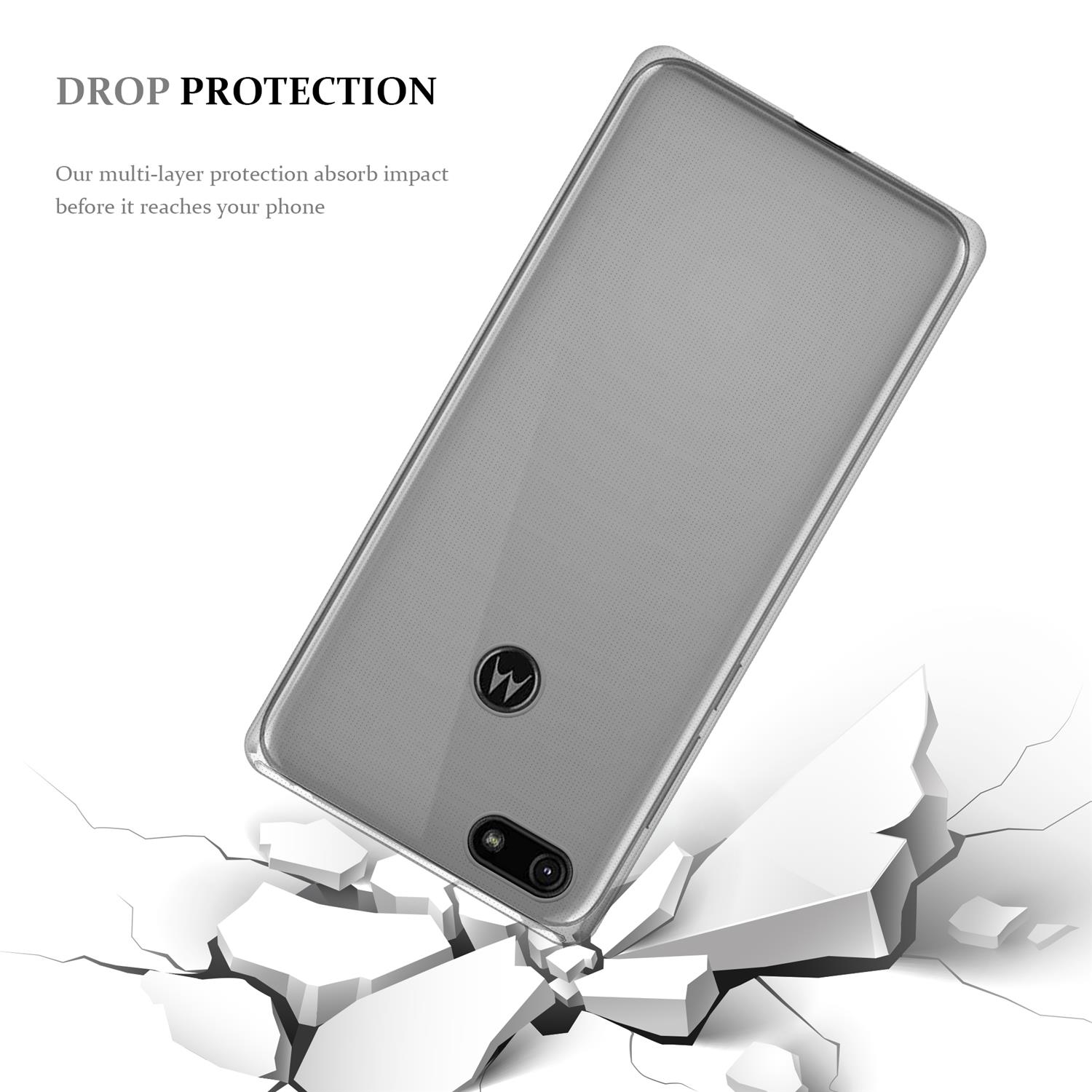 Transparente Handyhülle, das Telefon fällt in zerbrochenen Beton. Text: 'DROP PROTECTION'.