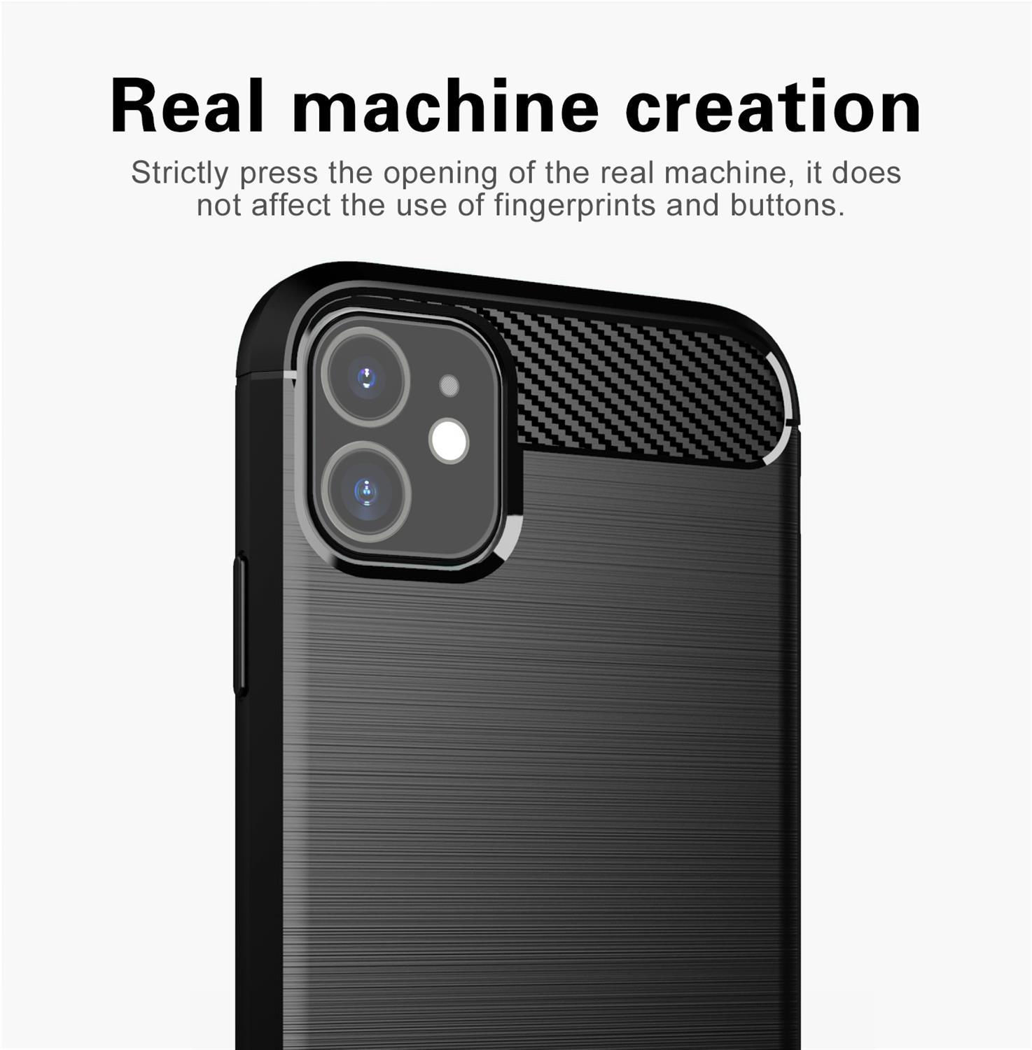 Primo piano di una custodia per telefono. L'area della fotocamera è visibile. La custodia è nera e strutturata.