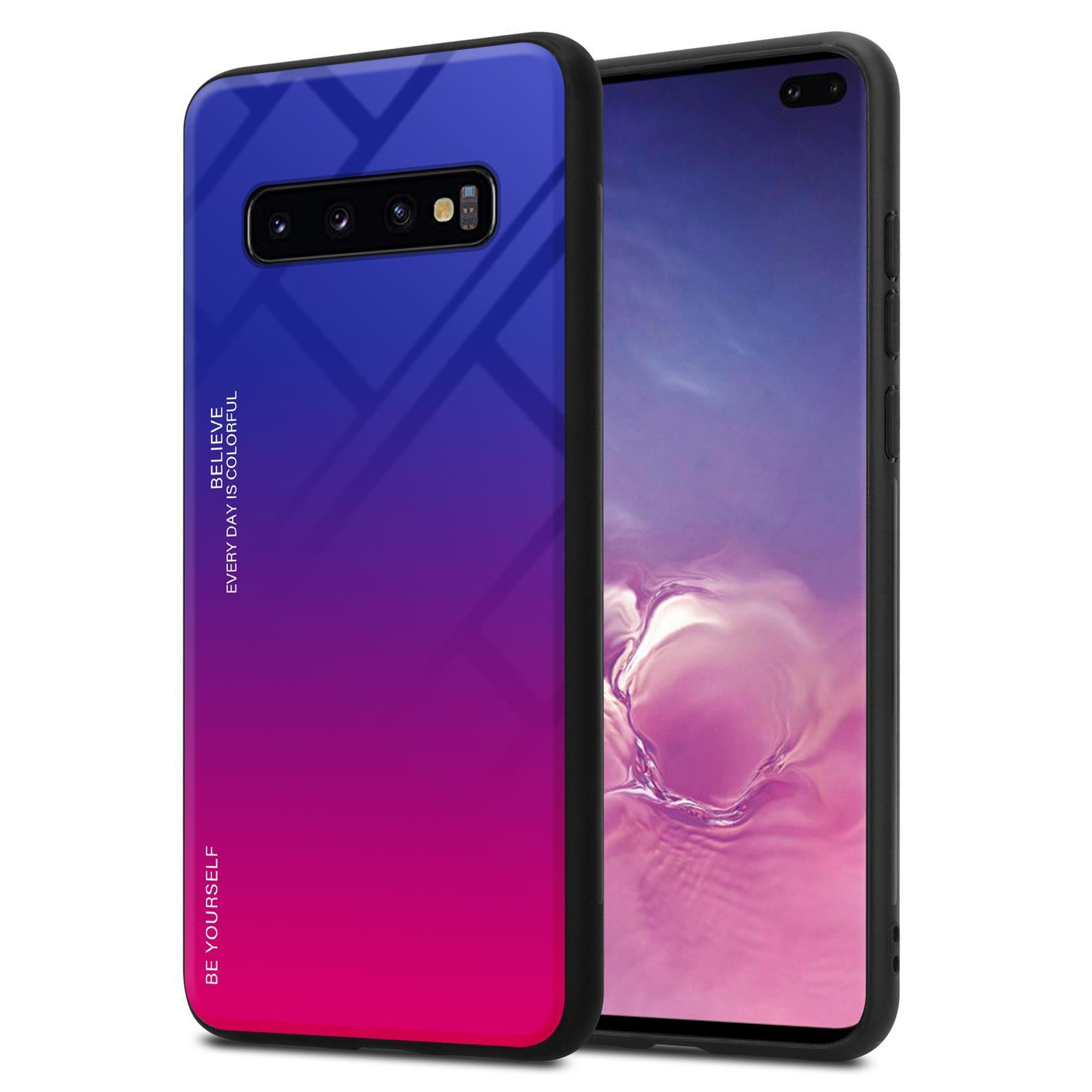 Ein Telefon in einer blau-rosa Farbverlaufshülle. Auf der Hülle steht 'Believe Every Day is Colorful' und 'Be Yourself'.