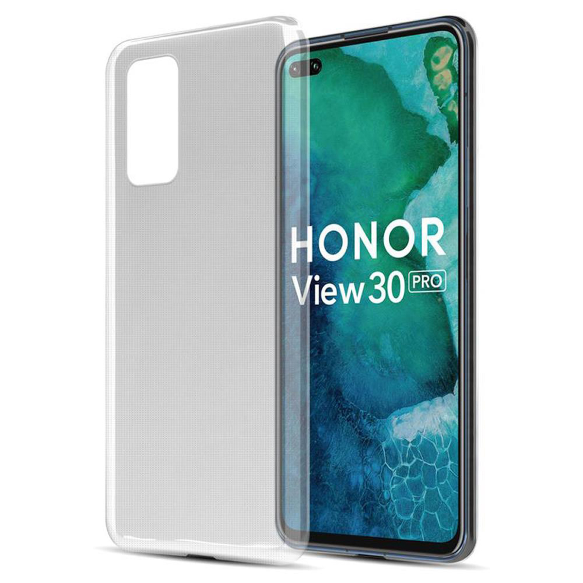 Una custodia trasparente con un telefono. Il telefono mostra 'HONOR View 30 Pro'.