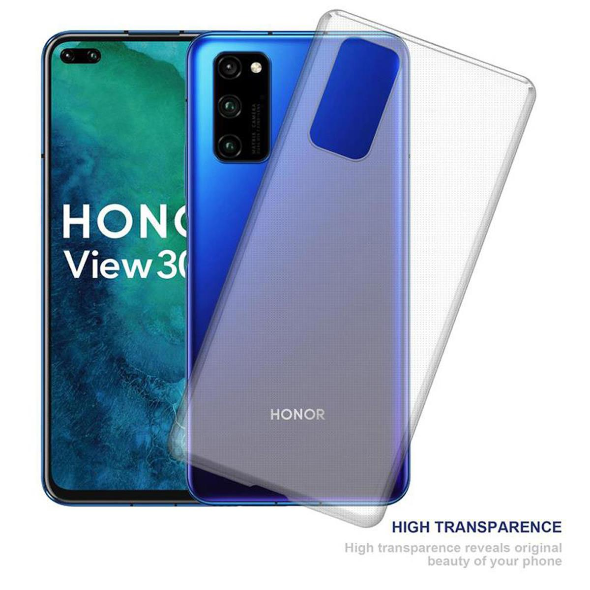 Telefono con custodia trasparente. Il logo Honor View 30 è visibile. La custodia trasparente è sul dispositivo.