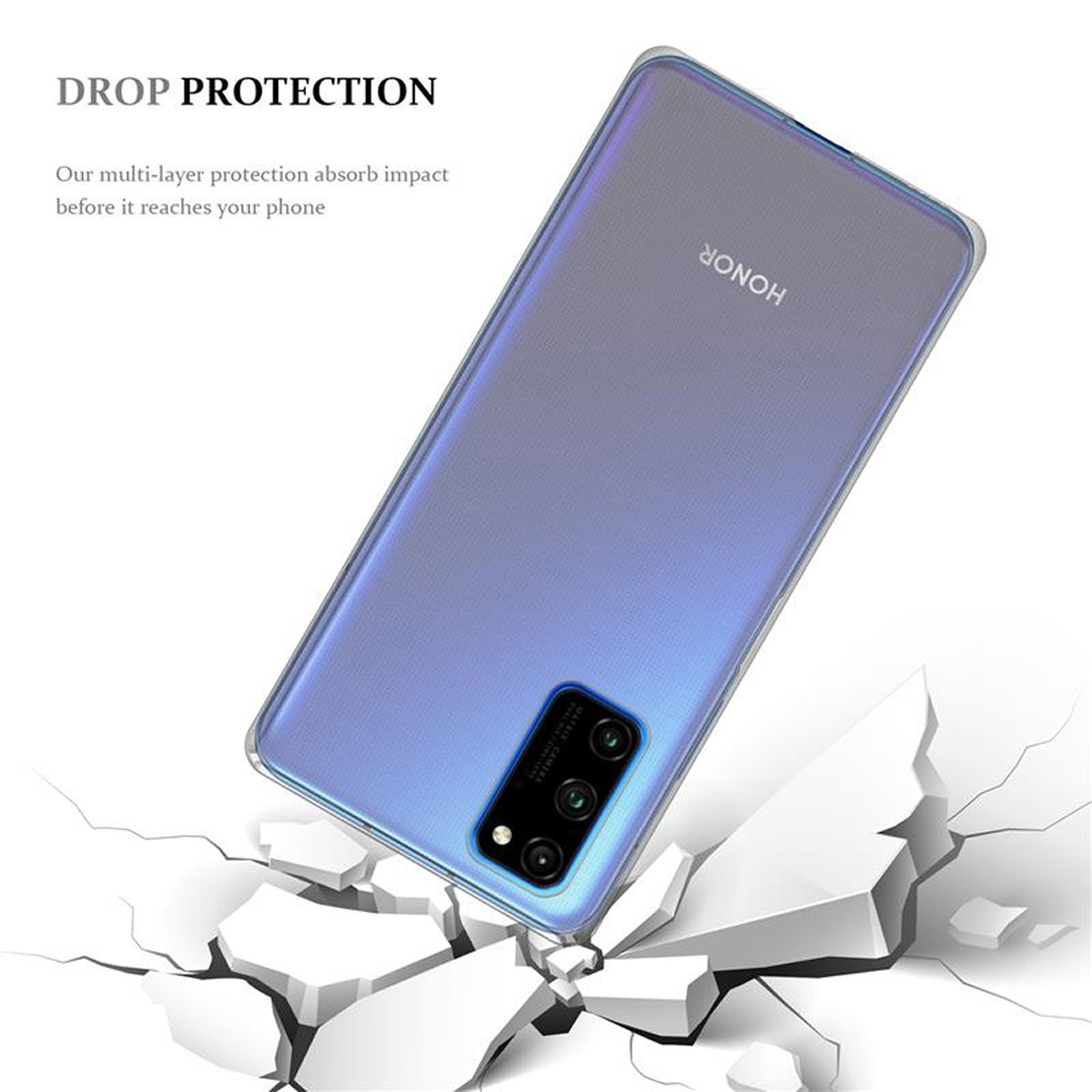 Un telefono in una custodia, con il testo 'DROP PROTECTION' e 'HONOR' sul telefono.