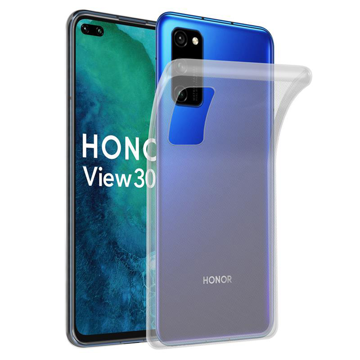Telefono e una custodia trasparente. Lo schermo mostra un'immagine. Sfondo blu.
