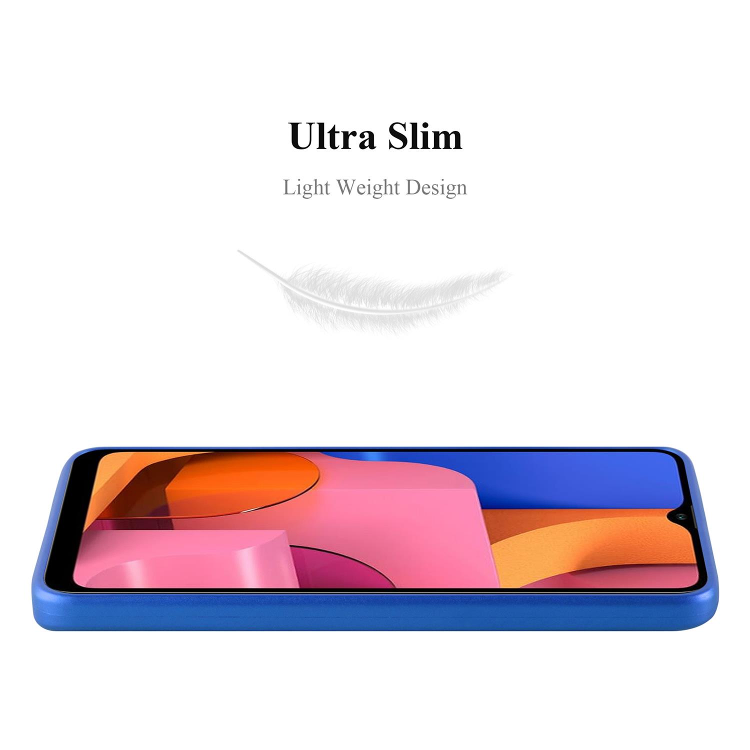 Custodia blu per telefono con telefono. Testo in alto: Ultra Slim, Light Weight Design. Sfondo bianco.