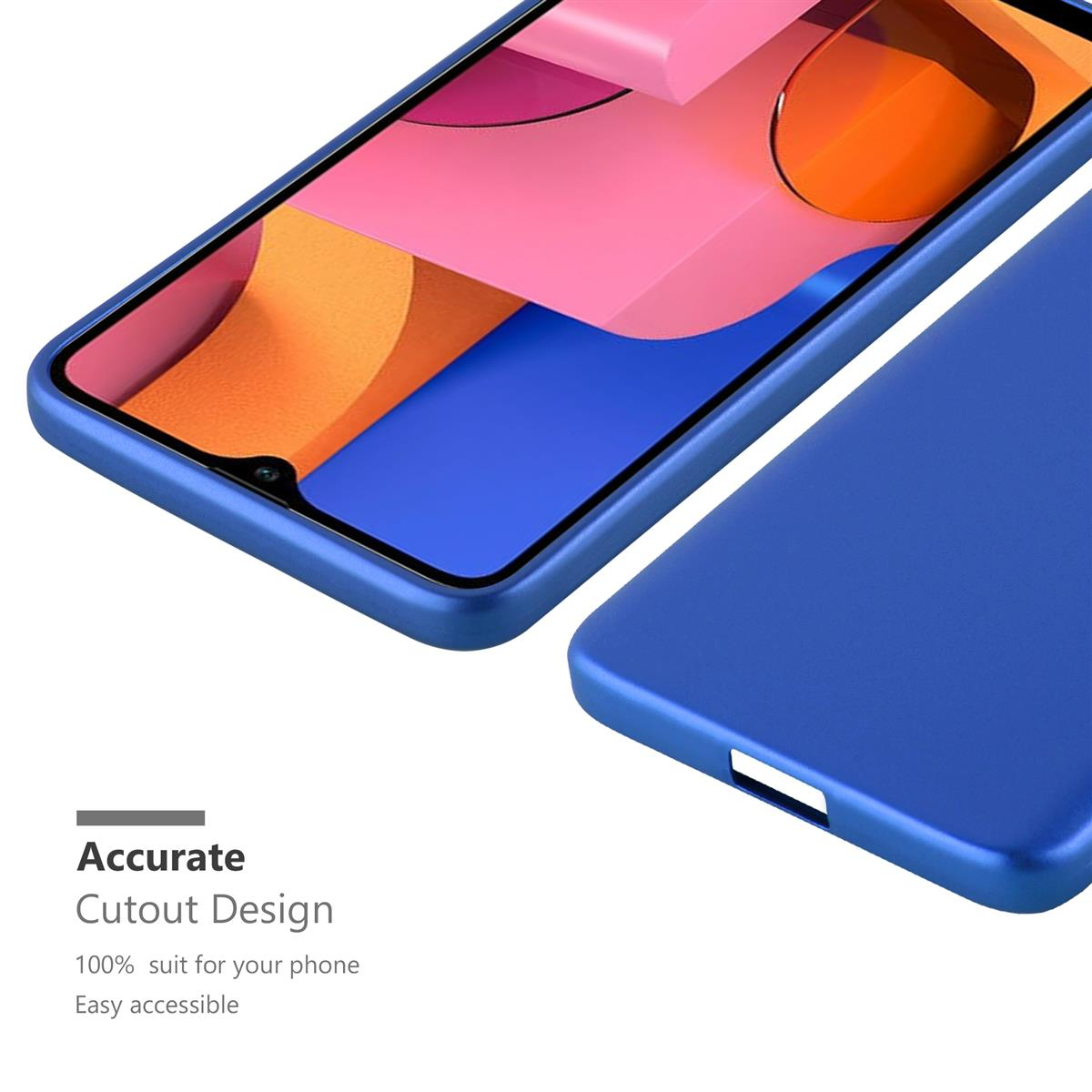 Custodia blu per telefono con design ritagliato, primo piano.