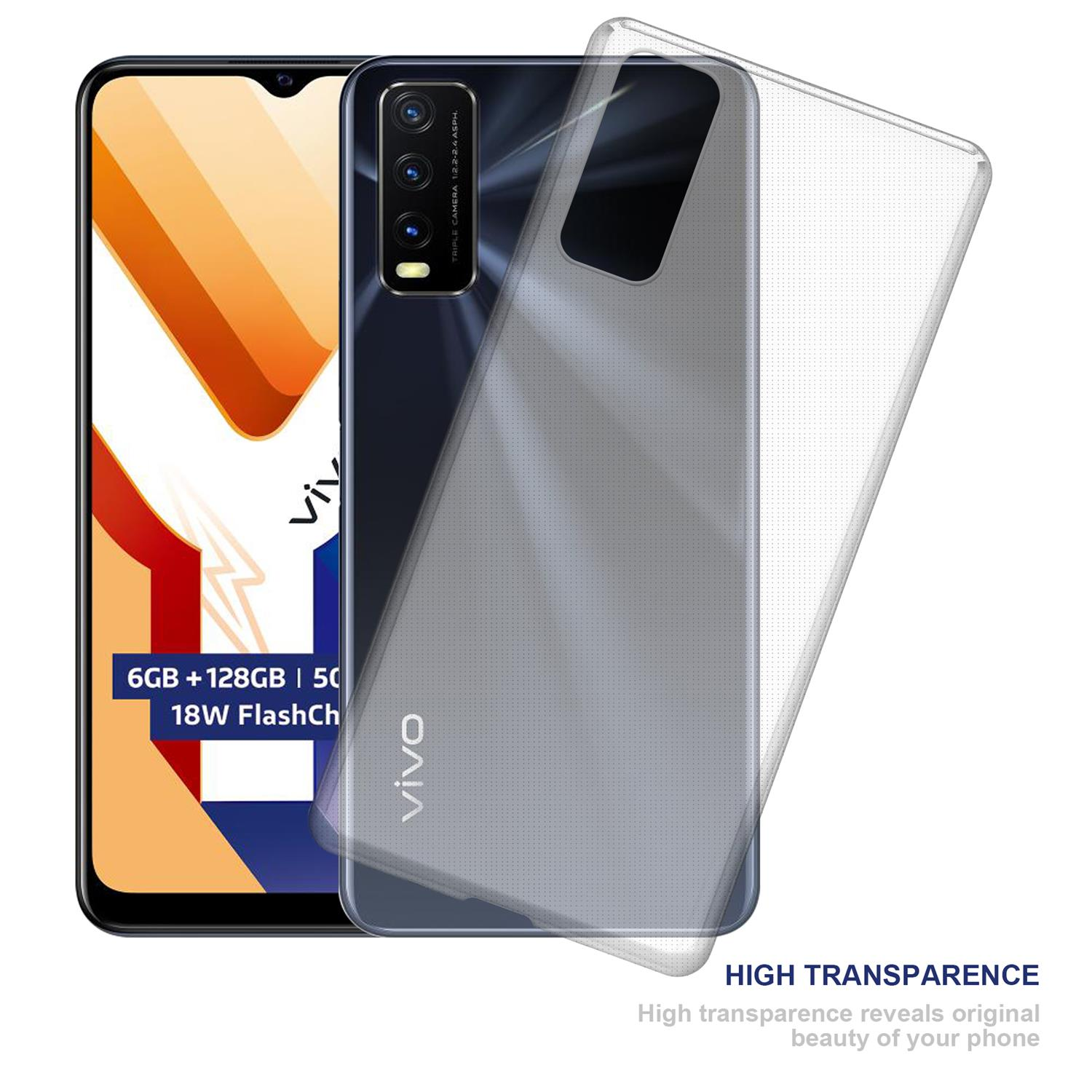 Telefon mit transparenter Hülle. Zeigt Telefonspezifikationen. Text: Hohe Transparenz.