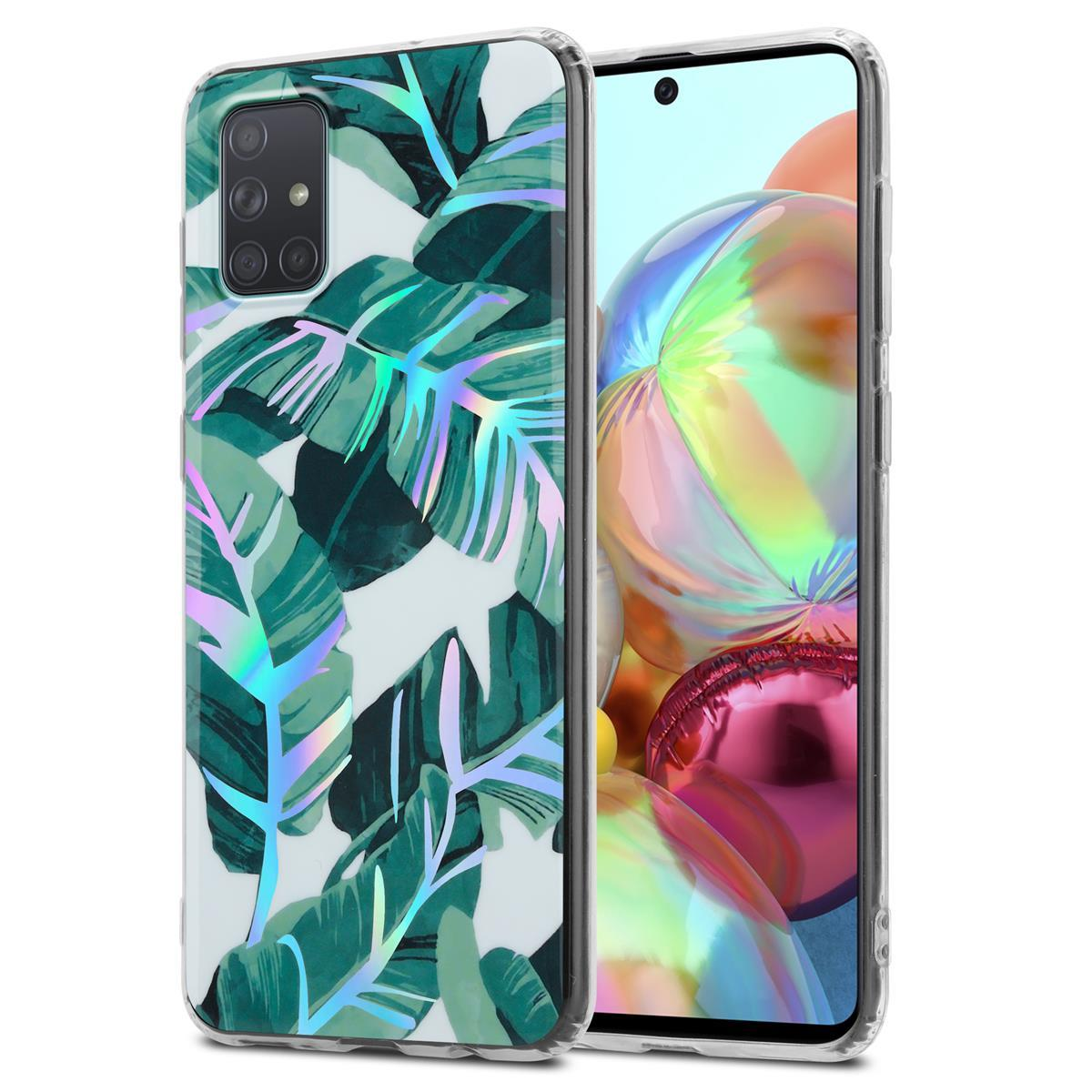 Telefono in una custodia con un motivo a foglie. Lo schermo del telefono mostra uno sfondo verde.