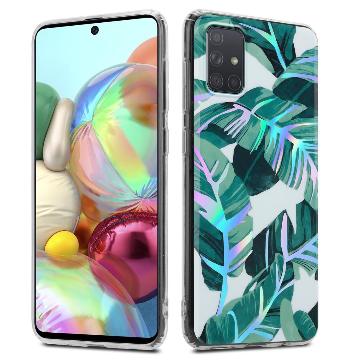 Due telefoni. Quello a sinistra mostra uno schermo colorato, quello a destra ha un motivo a foglie sul retro.