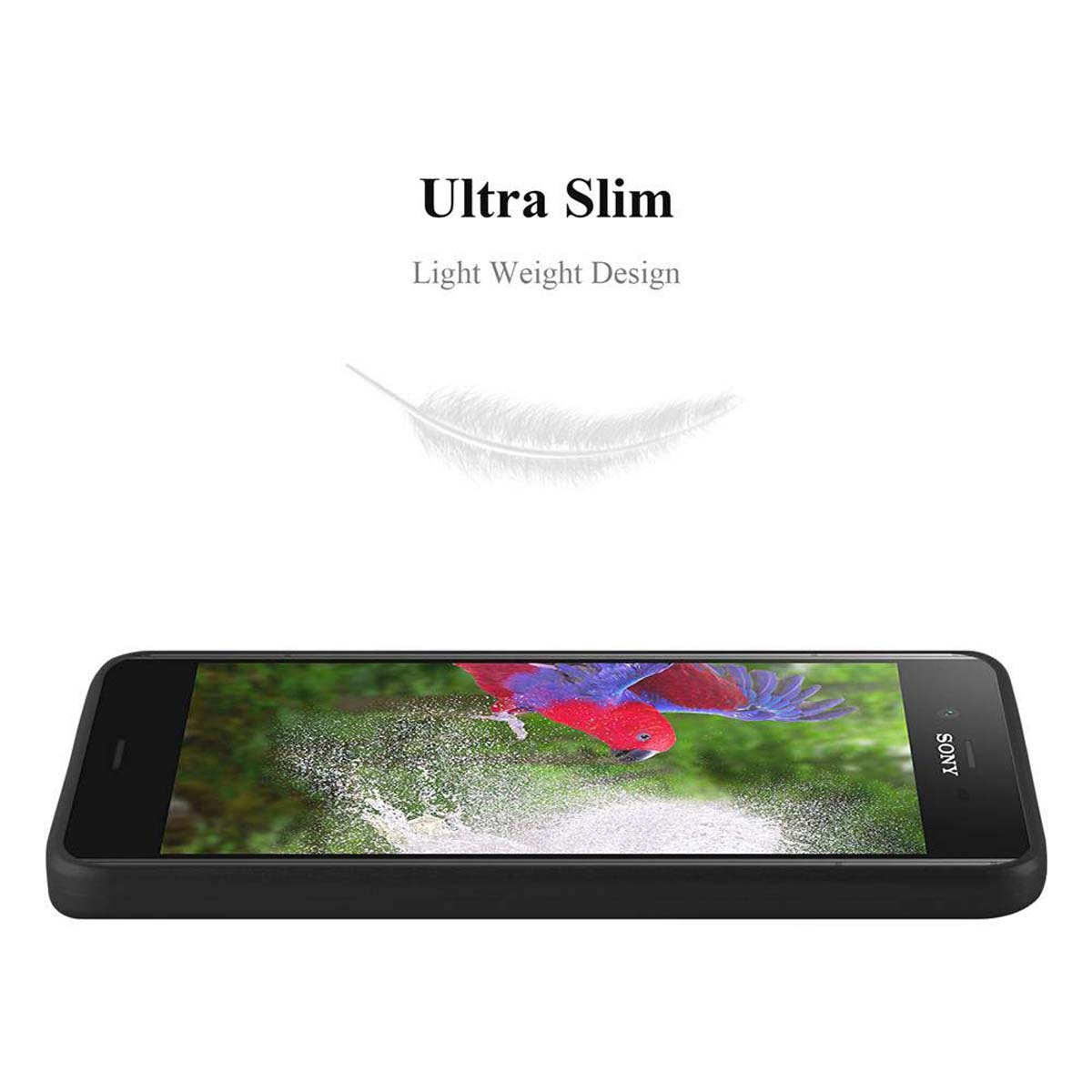 Una custodia per telefono con un'immagine colorata di un uccello. Il testo recita "Ultra Slim".