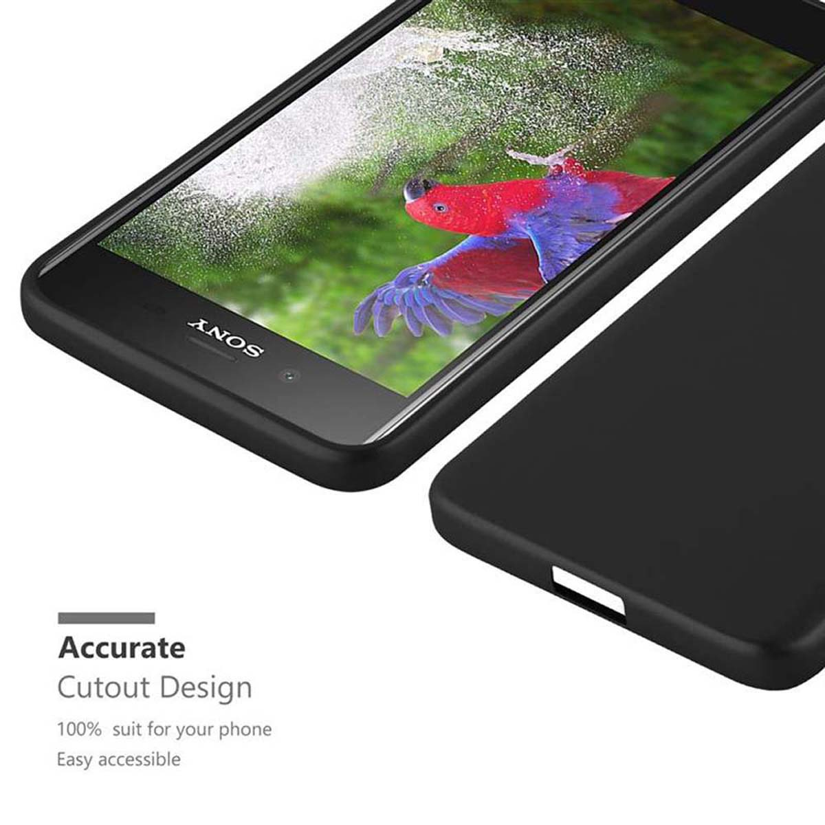Telefono con schermo che mostra un'immagine di pesce. Custodia nera. Il testo recita Accurate Cutout Design.