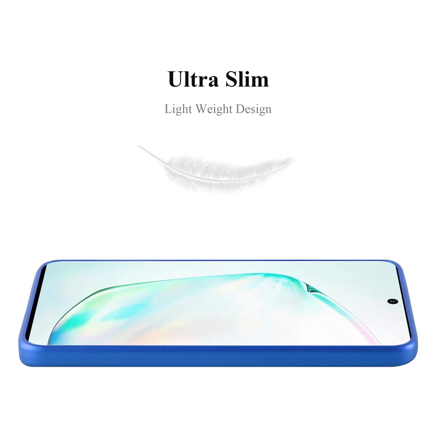 Custodia blu per telefono con una piuma e le parole "Ultra Slim" e "Light Weight Design".