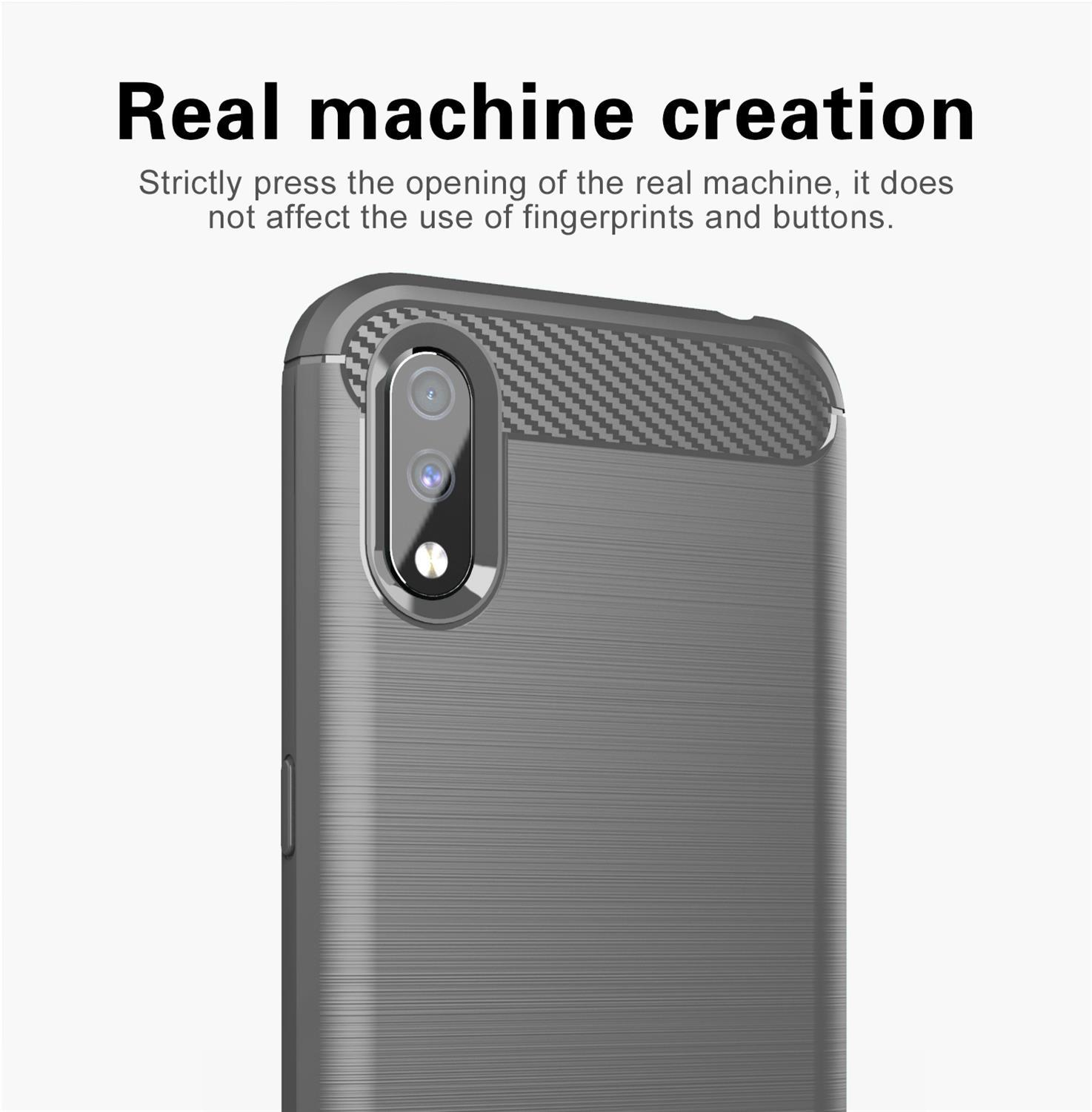 Una custodia grigia per telefono con parte superiore strutturata grigio scuro e un obiettivo della fotocamera. sfondo bianco.
