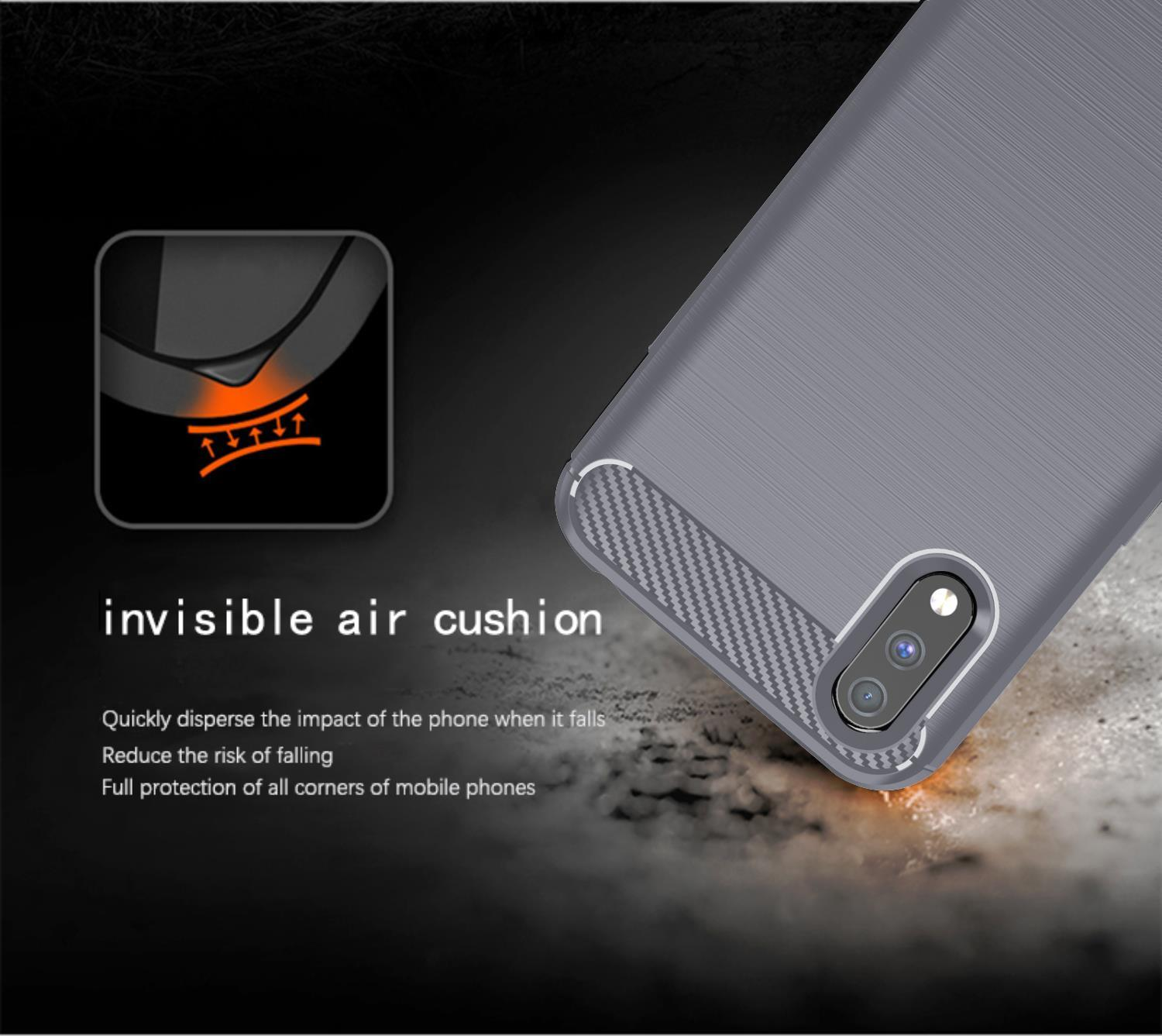 Custodia per telefono, colore grigio, con testo "invisible air cushion". Illustra la protezione del telefono.