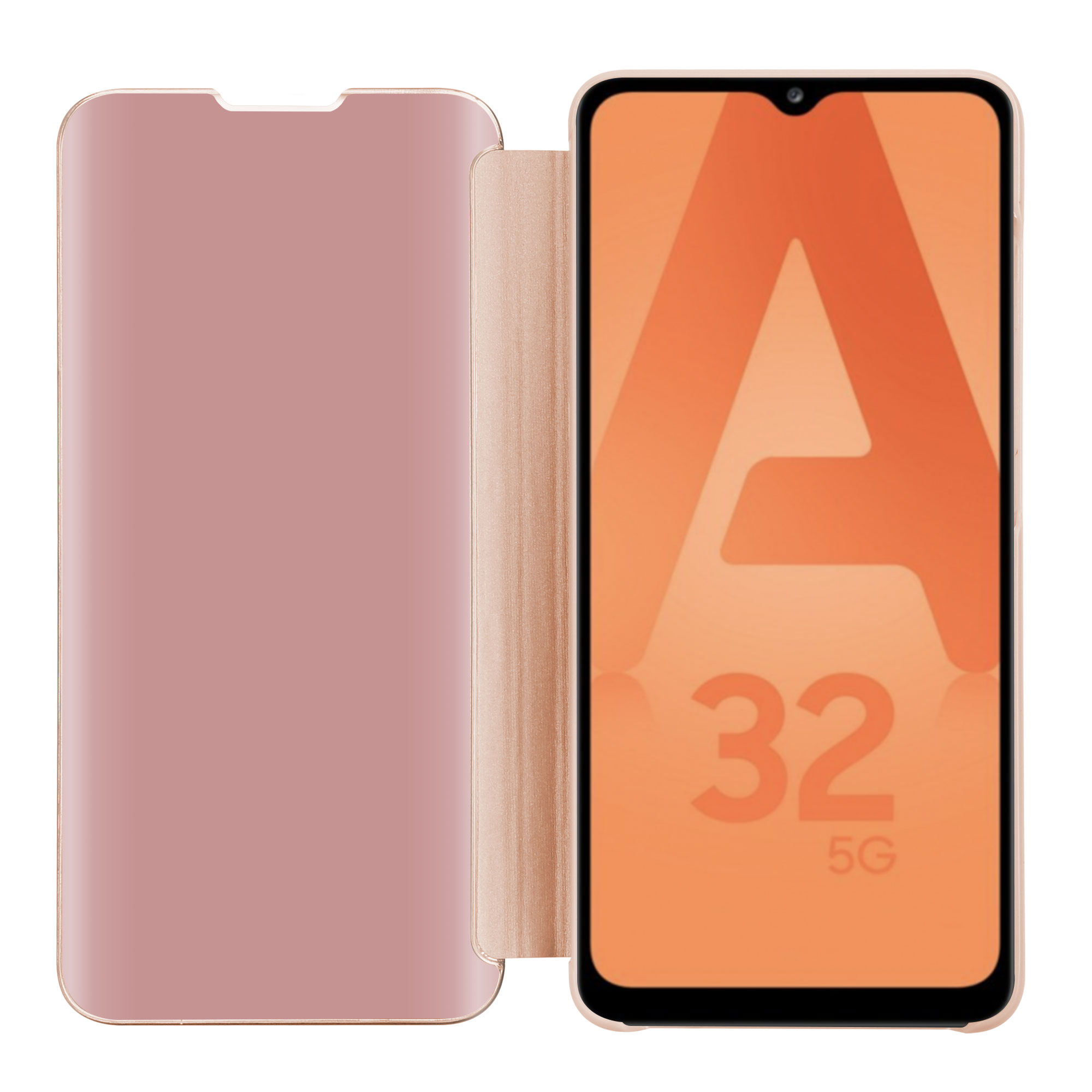 Telefono rosa con custodia aperta, la custodia mostra A32 5G.