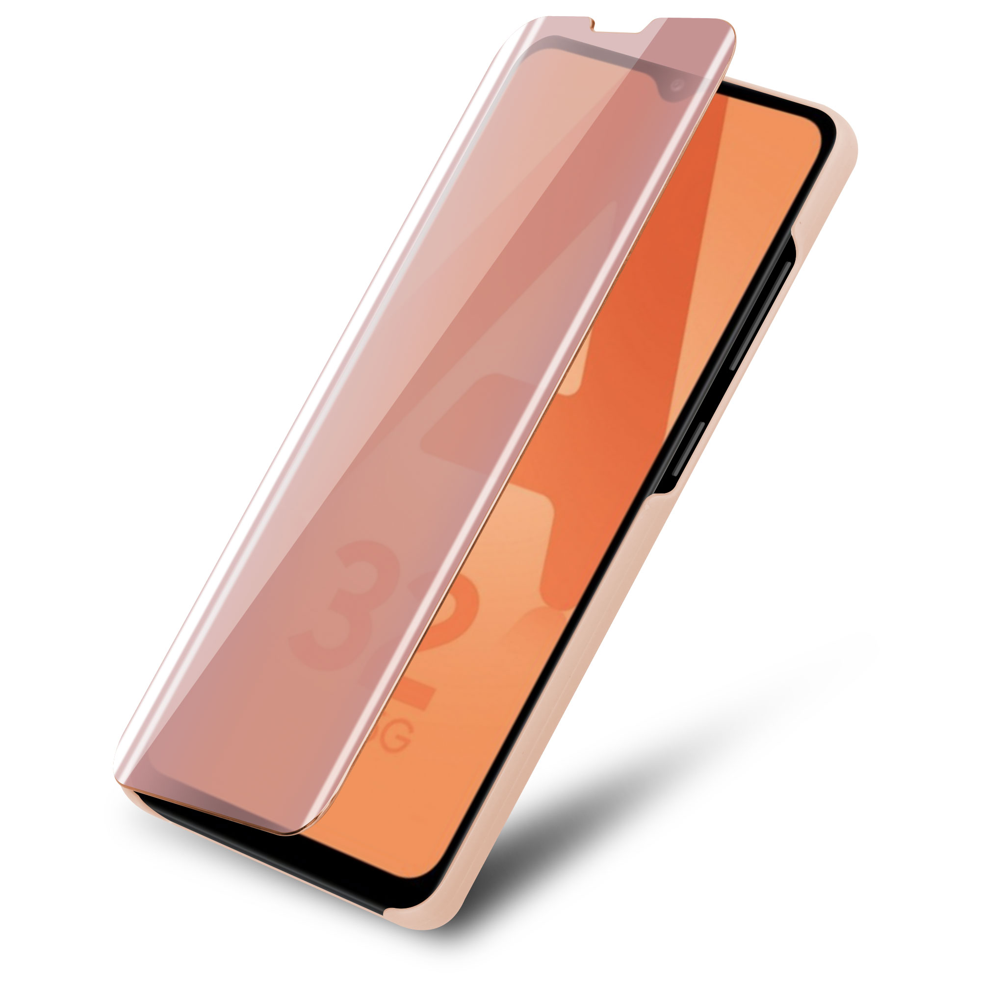 Telefono con protezione schermo color rosa leggermente sollevata. Il telefono è rosa pallido. La custodia è nera.