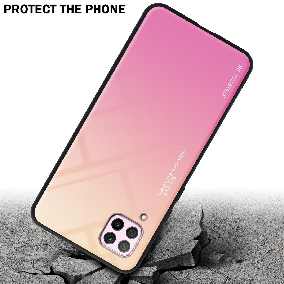 Custodia per telefono con sfumatura rosa-giallo. Testo: Be Yourself, Believe Every Day Is Colorful. Incrinature sotto la custodia.