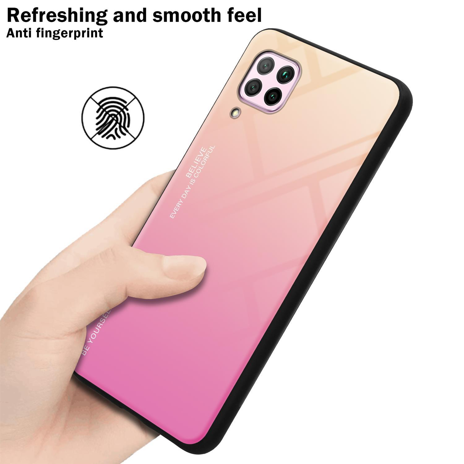 Mano che tiene una custodia per telefono rosa e arancione con cornice nera. Icona impronta digitale a sinistra.