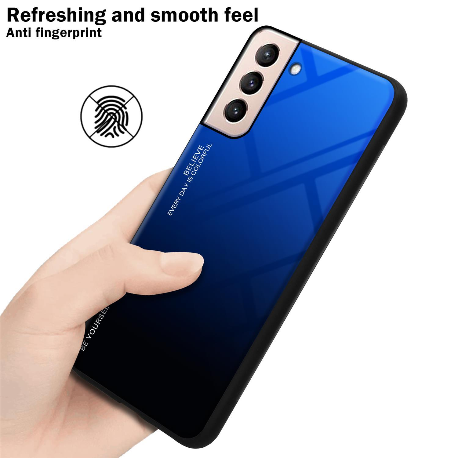 Telefon mit blau-schwarzem Gehäuse. Text: Erfrischendes und geschmeidiges Gefühl.