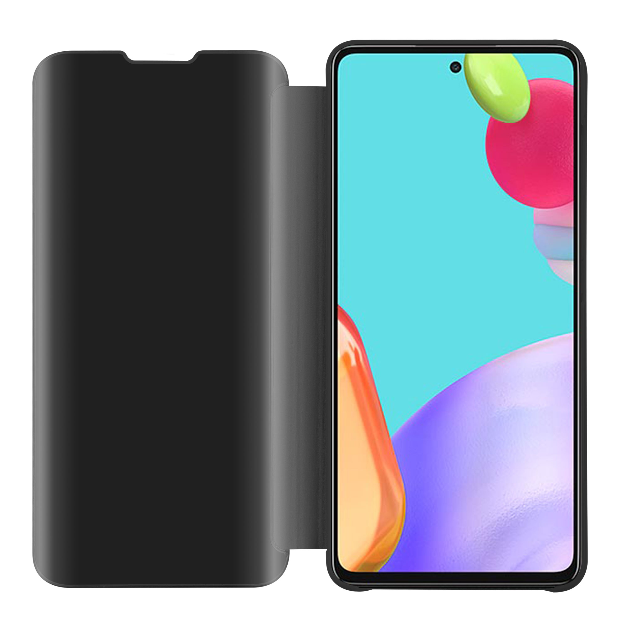 Una custodia per telefono nera con una cover pieghevole, lo schermo del telefono è visibile.