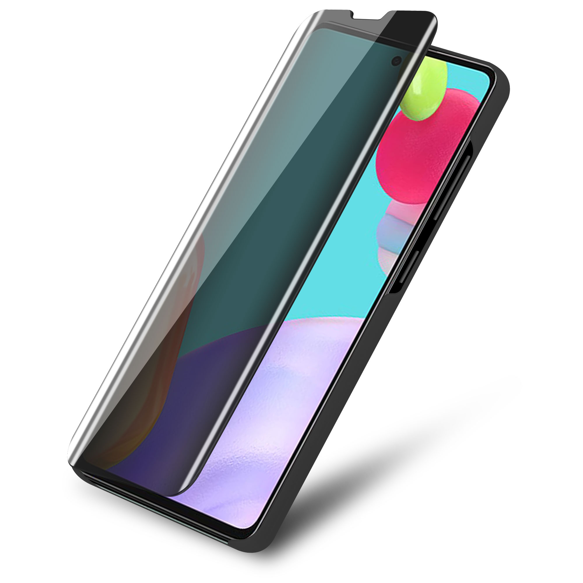Telefono nero con protezione schermo scura, cornice e sfondo neri, vista angolata.
