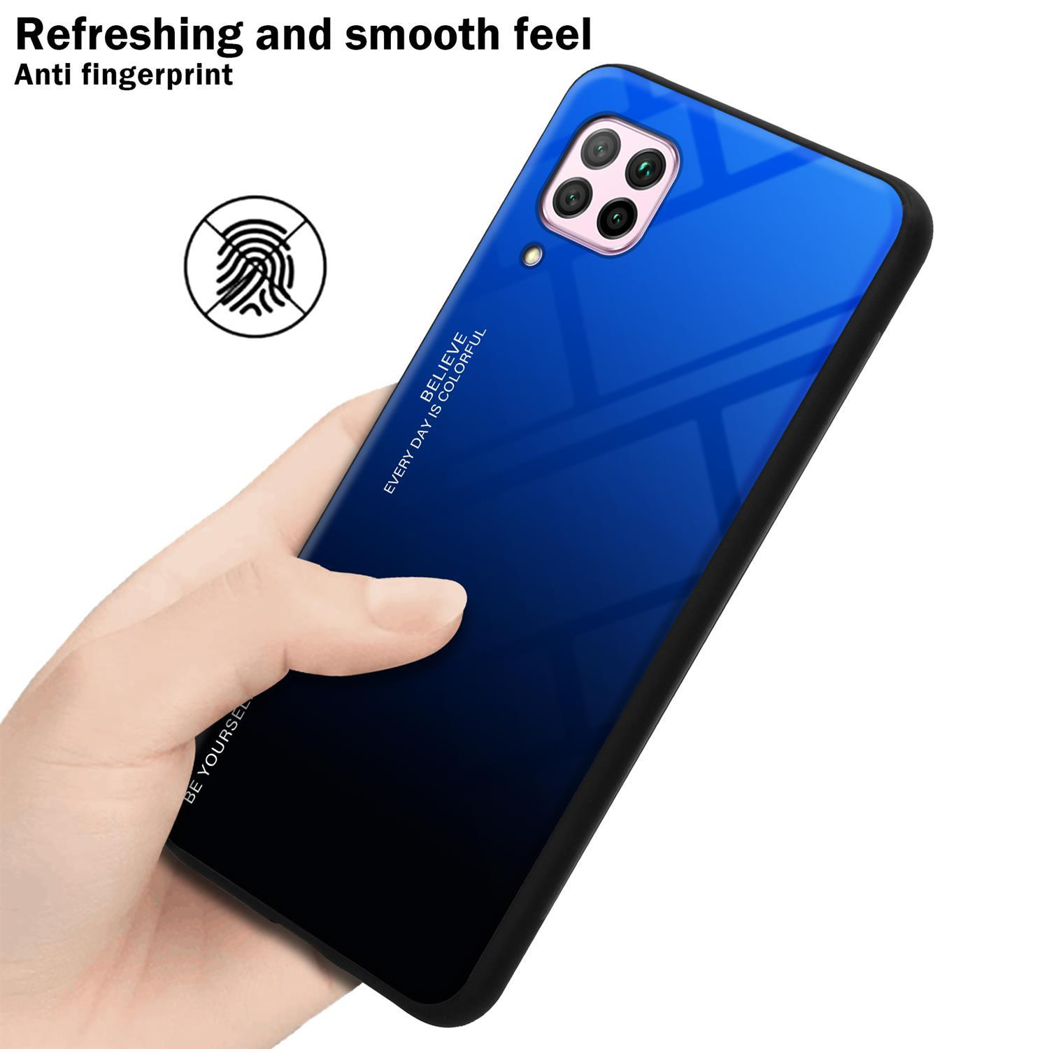 Hand hält Telefon mit Farbverlauf blau-schwarzem Rücken. Text: 'Believe Every Day Is Colorful'.