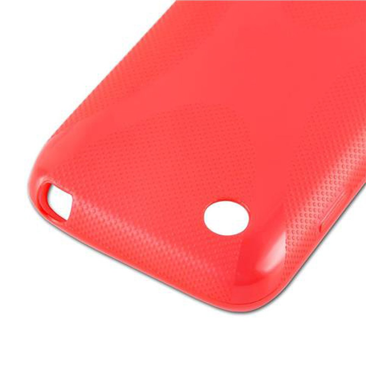 Primo piano di una custodia per telefono rossa con due fori circolari.