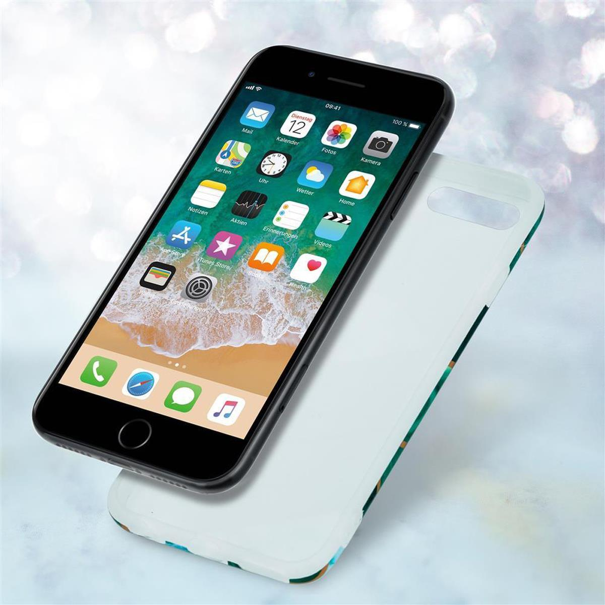 Ein Telefon mit einem Gehäuse. Der Bildschirm zeigt einen Kalender und Apps.
