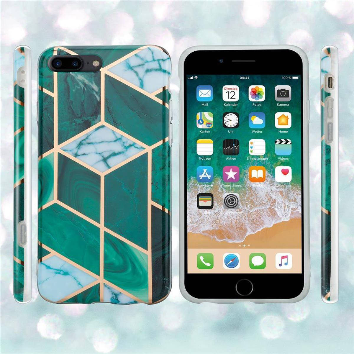 Telefon mit grüner Marmorhülle, zeigt Apps auf dem Bildschirm. Seitenansichten der Hülle.