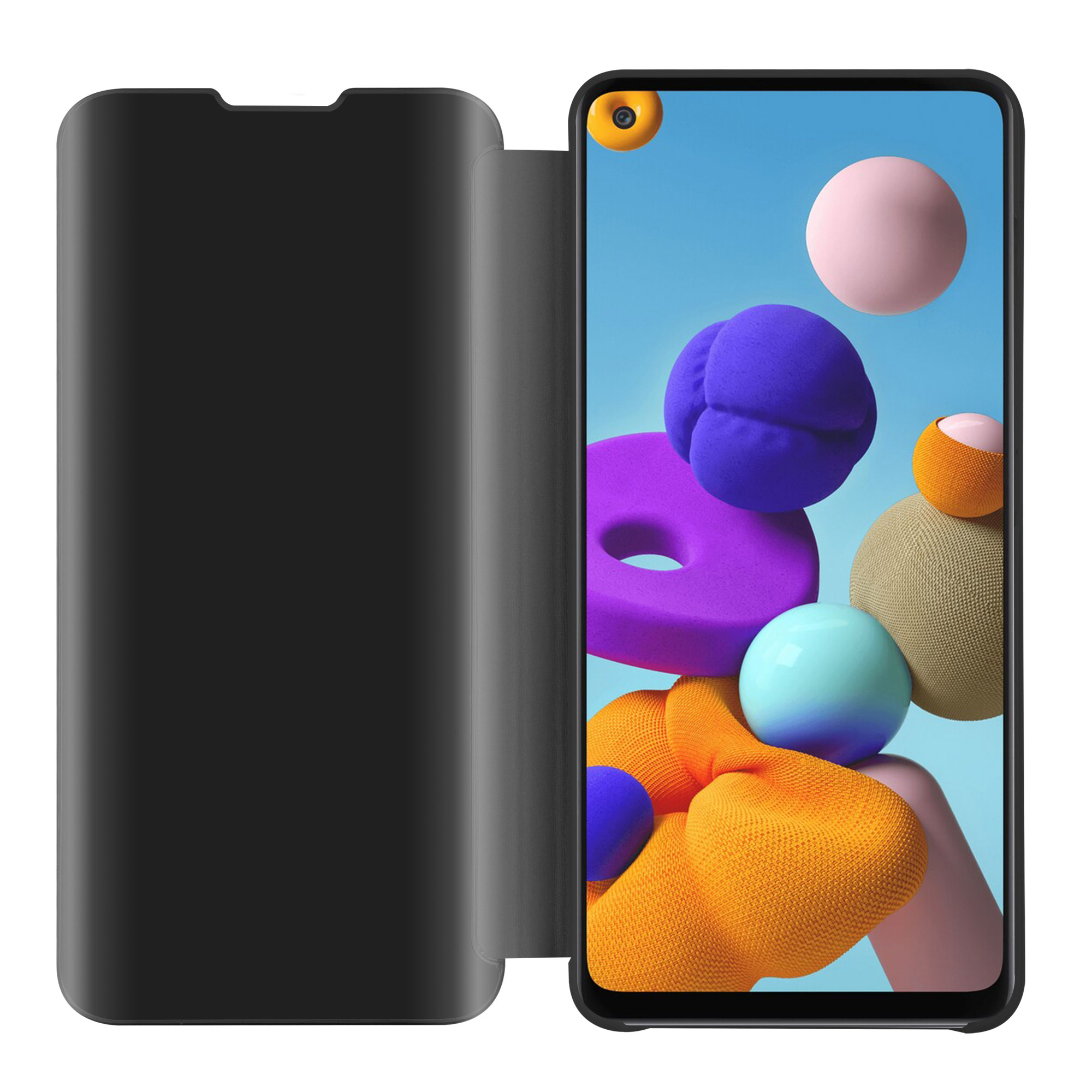 Custodia per telefono nera aperta. Lo schermo del telefono mostra forme colorate: viola, blu e arancione.