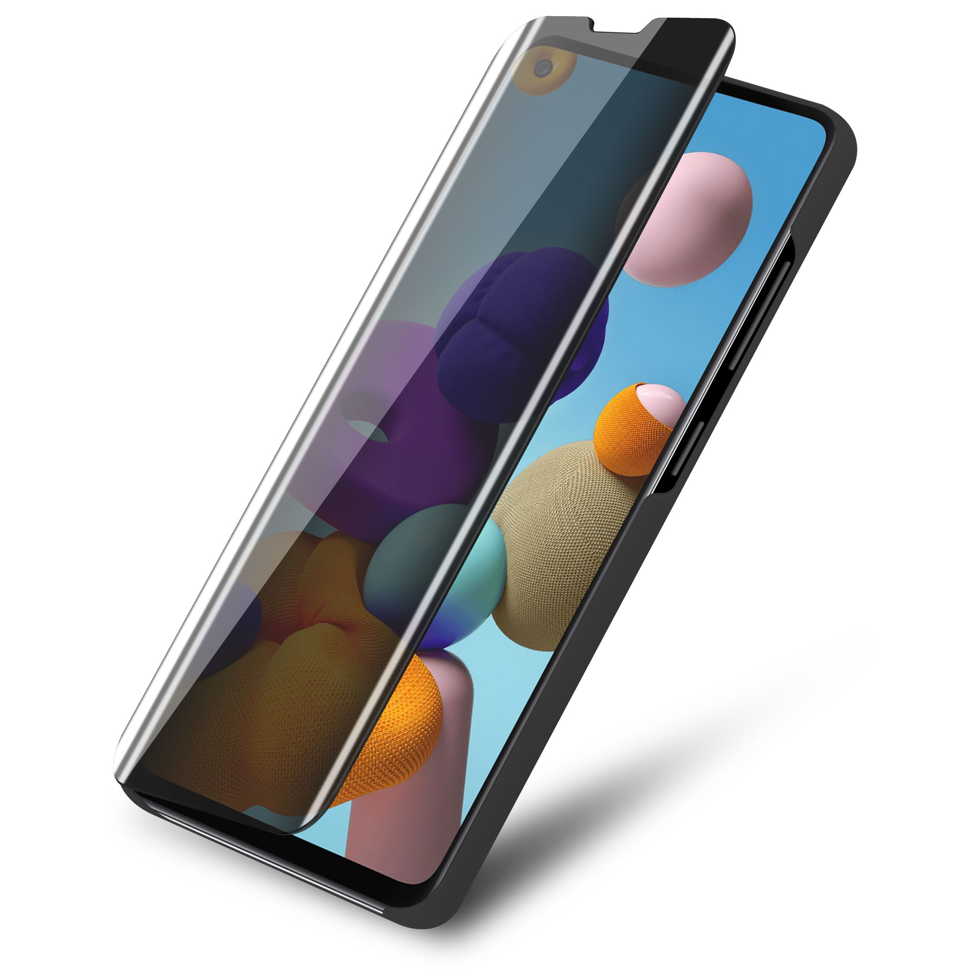 Smartphone con protezione schermo. Lo schermo mostra forme colorate.
