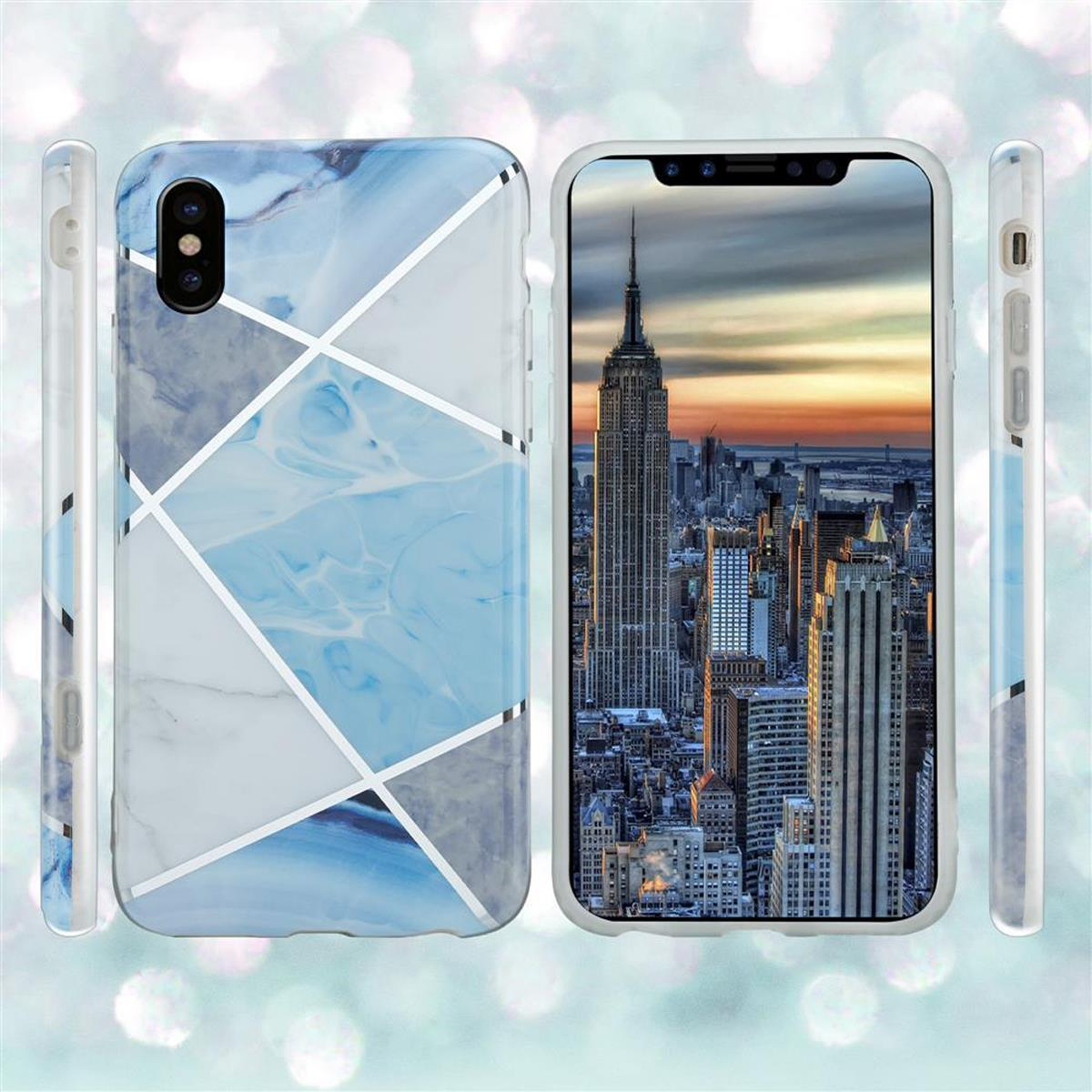 Tre viste del telefono, che mostrano una custodia con motivo marmorizzato e lo skyline di New York sul display.