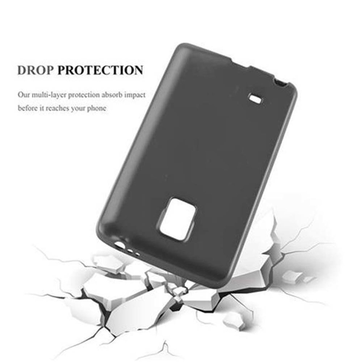 Custodia nera su superficie rotta. Testo in alto: 'DROP PROTECTION'.