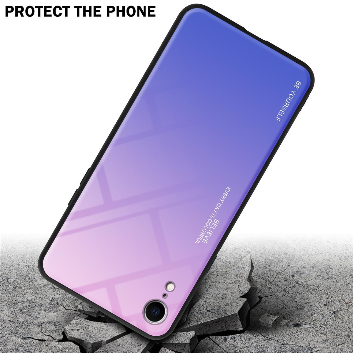 Custodia per telefono con gradiente da viola a rosa. La custodia è su una superficie incrinata.