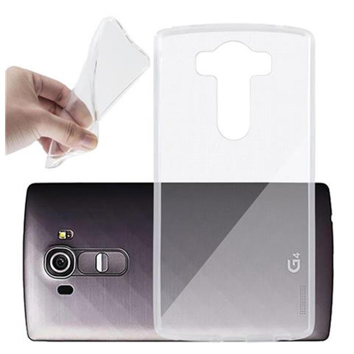 Una funda transparente para teléfono y un teléfono. Una mano sostiene un pedazo de la funda.