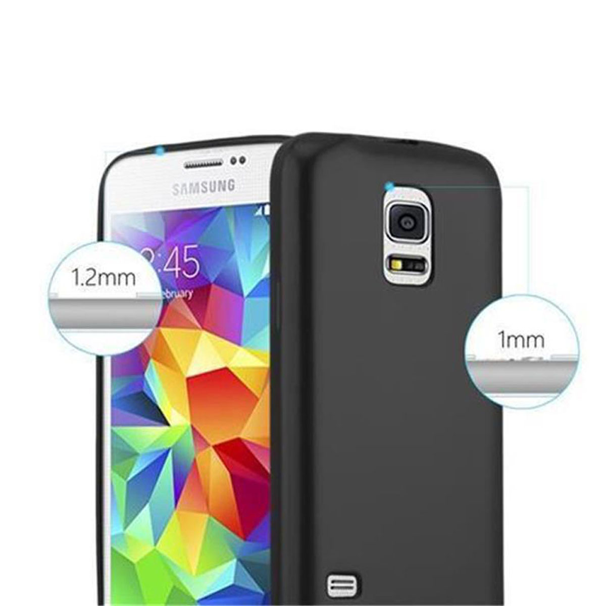 Telefon und Hülle. Text zeigt 1,2 mm und 1 mm. Telefon ist weiß. Hülle ist schwarz. Text auf dem Bildschirm sagt Februar.